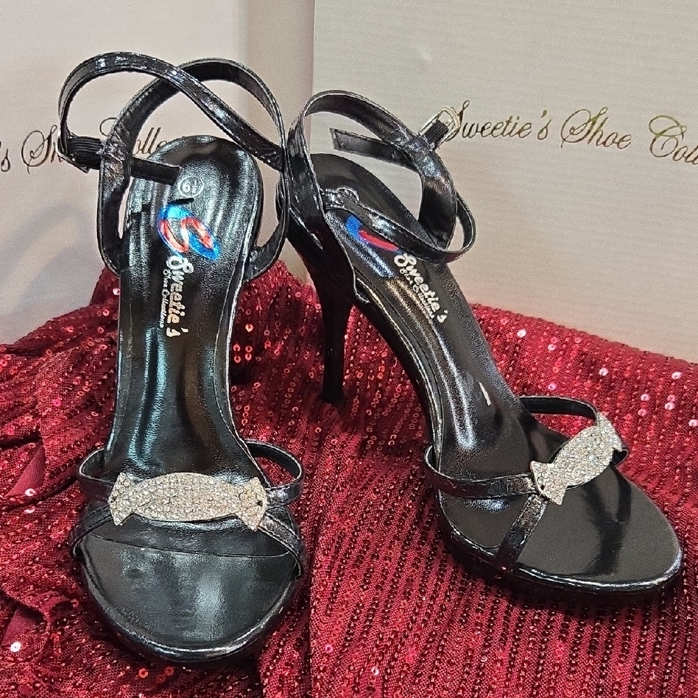 Black Strappy Heels with Glitter Bow
